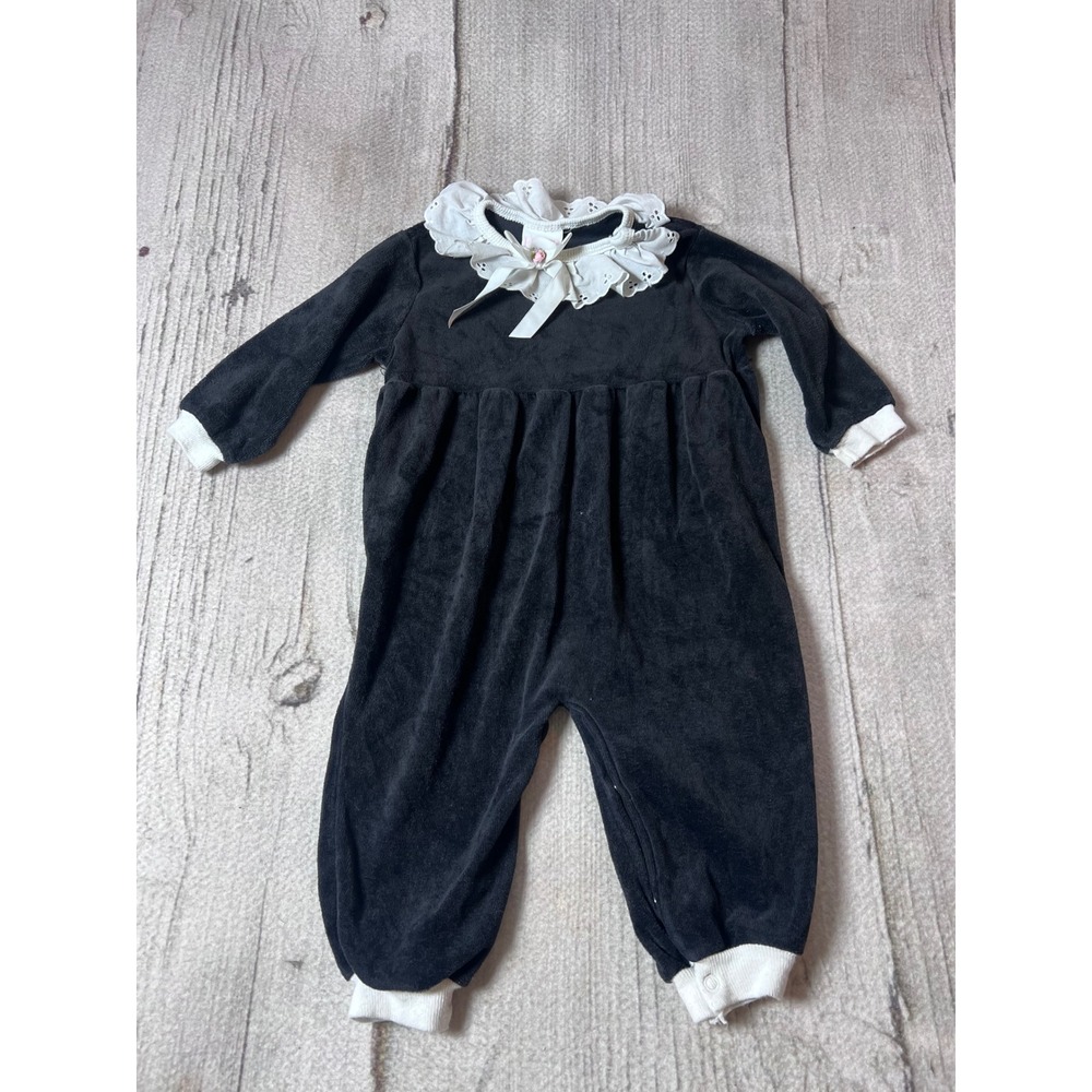 Honors Vintage 80s Velour Jumpsuit Baby 18M Black Eyelet Lace Cottagecore